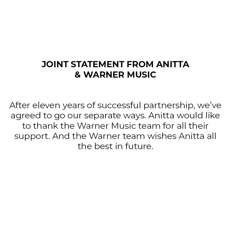 Anitta e Warner anunciam fim do contrato