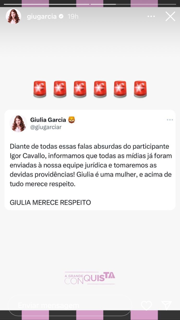 Equipe de Giulia Garcia repudia falas de Igor Cavallo em A Grande Conquista