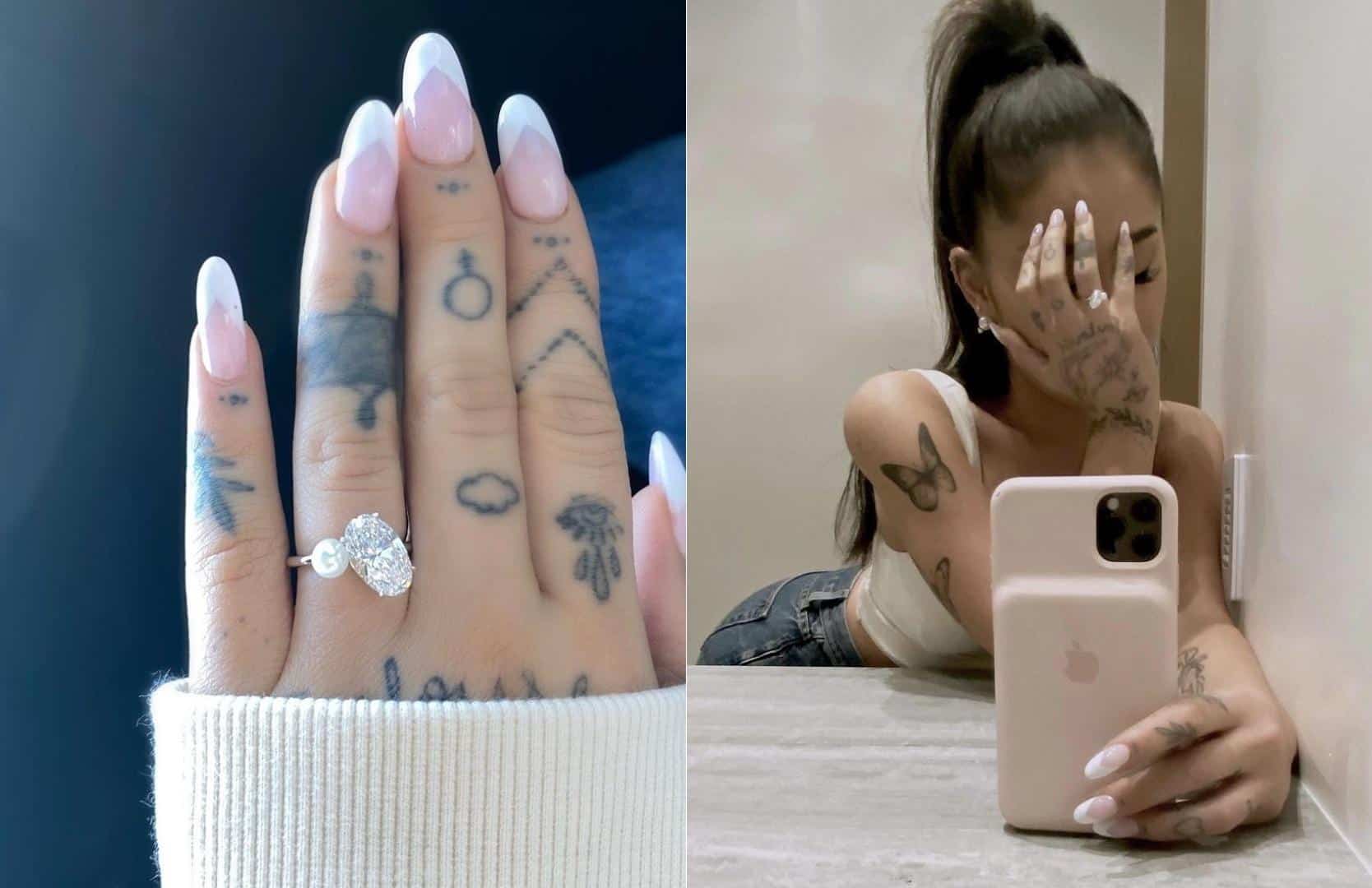 Ariana Grande exibe anel de diamantes e perolas que ganhou do noivo