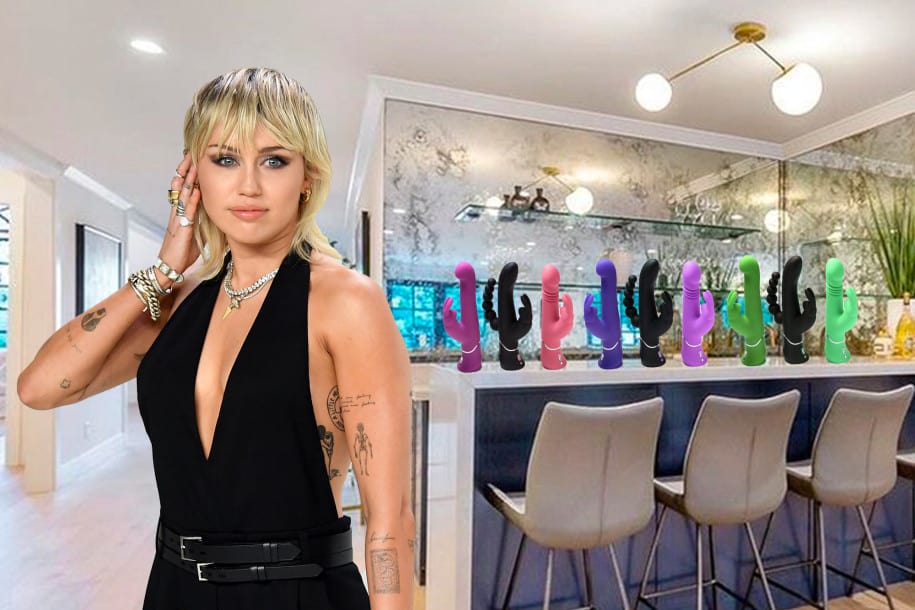 Montagem feita com foto de Miley Cyrus e casa decorada com vibradores