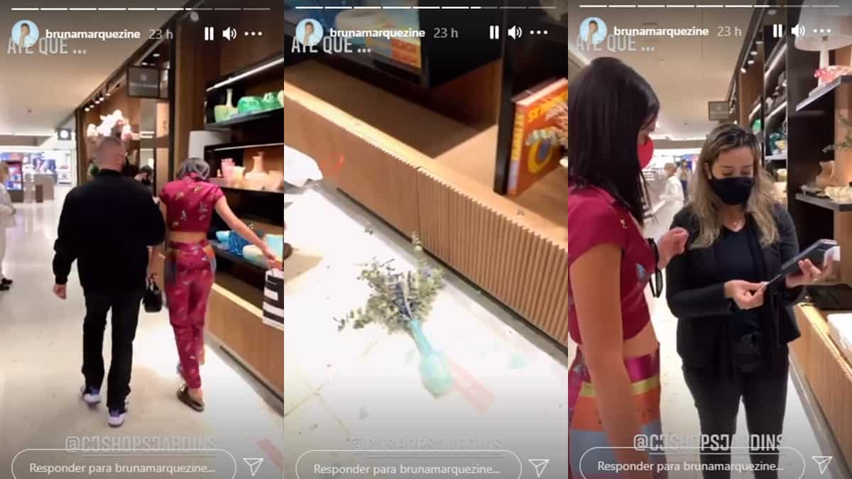 Bruna Marquezine derruba e quebra objeto em loja de luxo de shopping (Foto: Reprodução Instagram Stories/Montagem)