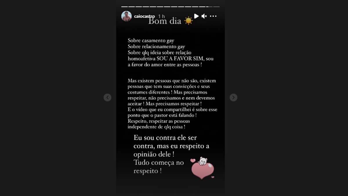 Caio Castro faz pedido de desculpas após postagem homofóbica (Foto: Reprodução/Instagram)