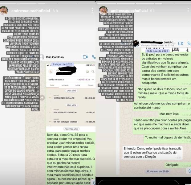 Andressa Urach mostra mensagens de conversa com advogada de igreja