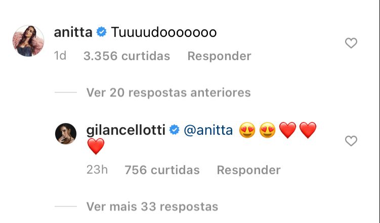 Anitta comenta em foto de ex com Giovanna Lancellotti