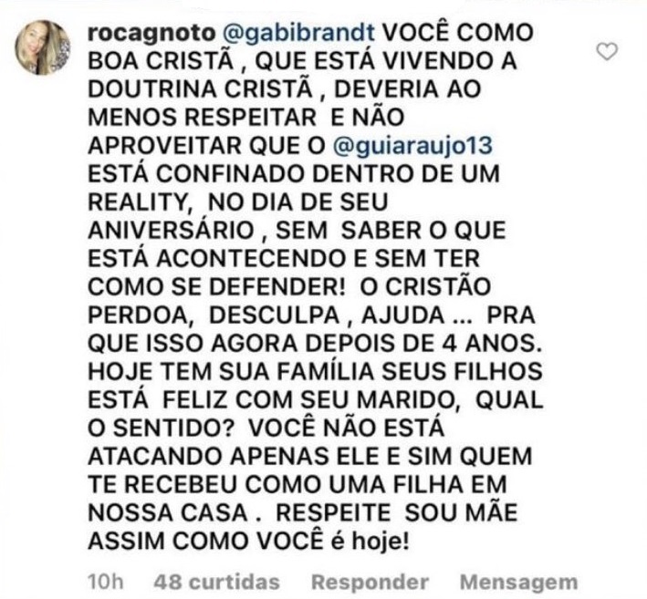 Mãe de Gui Araújo rebate declaração de Gabi Brandt