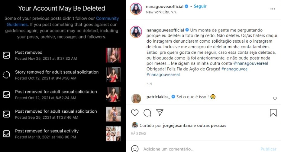 Nana Gouvea toma atitude após ter fotos derrubadas pelo Instagram