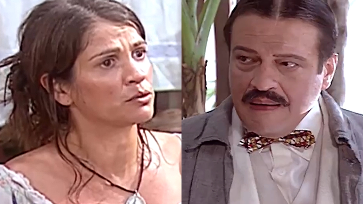 Joana (Tássia Camargo) pressiona Manoel/Batista (Luís Mello) em O Cravo e a Rosa (Foto: Reprodução/TV Globo)