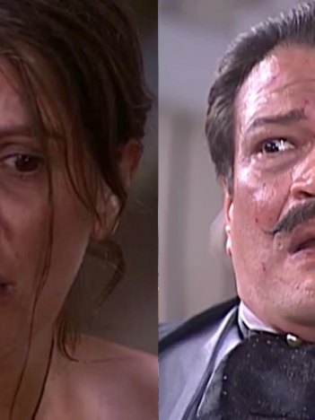 Joana (Tássia Camargo) descobre que Manoela é o banqueiro Batista (Luís Melo) em O Cravo e a Rosa (Foto: Reprodução/TV Globo)