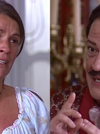 Joana (Tássia Camargo) invade mansão e enfrenta Batista (Luís Melo) em O Cravo e a Rosa (Foto: Reprodução/TV Globo)