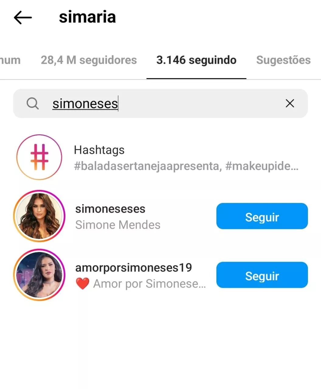 Simaria não segue perfil da dupla Simone e Simaria no Instagram 