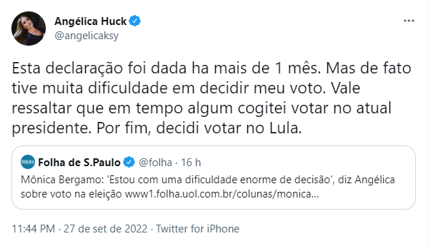 Angélica faz publicação no Twitter e promete votar em Lula