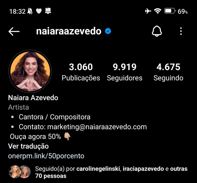 Captura de tela do perfil de Naiara Azevedo no Instagram