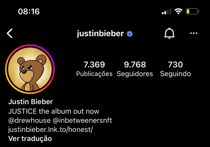 Captura de tela do perfil de Justin Bieber no Instagram