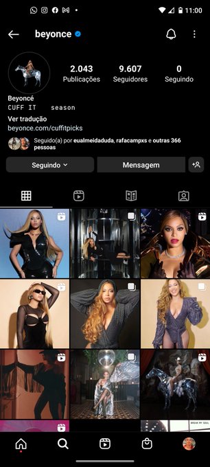 Captura de tela do perfil de Beyoncé no Instagram