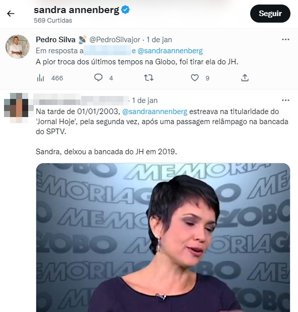 Sandra Annenberg curte comentário de fã sobre saída do Jornal Hoje