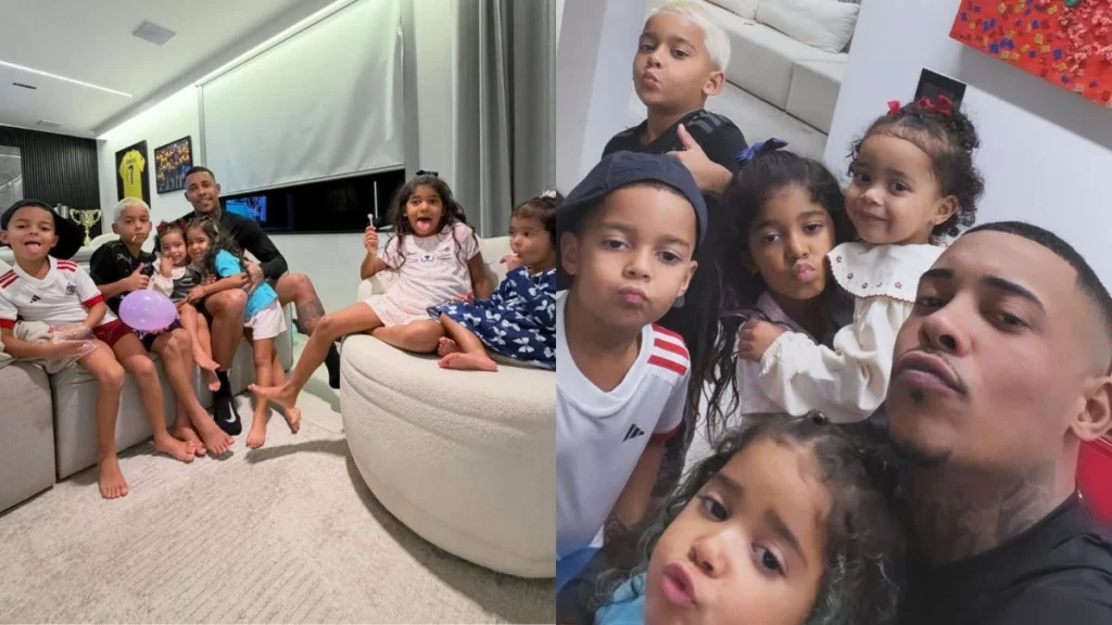 Montagem mostra MC Poze do Rodo cercado por seus seis filhos em sala de estar e em selfie familiar dentro de casa.