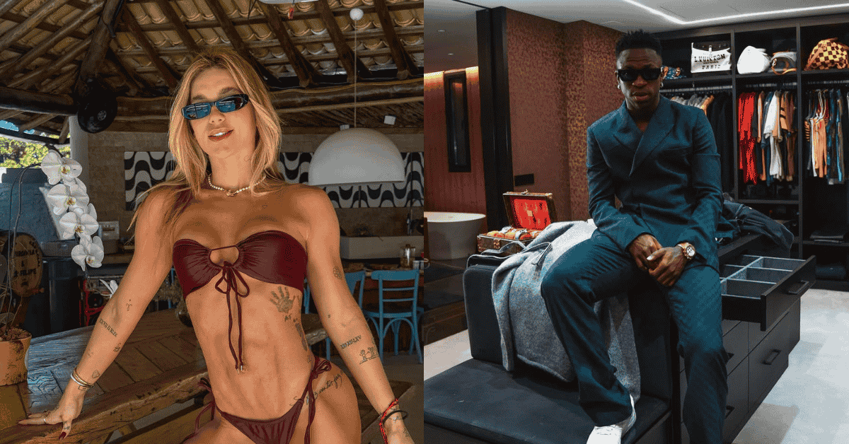 Novo casal? Saiba se Virginia Fonseca e Vini Jr estão juntos 1 Montagem com duas pessoas. À esquerda, Virginia Fonseca, mulher de biquíni vinho posa em local de praia coberto, com óculos escuros e orquídeas ao lado. À direita, Vini Jr. homem em terno escuro e óculos escuros está sentado em closet moderno com roupas e malas de grife ao fundo.