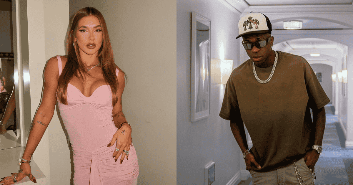 Novo casal? Saiba se Virginia Fonseca e Vini Jr estão juntos 2 Montagem com duas pessoas. À esquerda, Virginia Fonseca, mulher, posa em ambiente interno usando vestido rosa justo e maquiagem marcante. À direita, Vini Jr, homem caminha em corredor iluminado, vestindo camiseta marrom, calça clara, boné estampado, óculos escuros e correntes prateadas.
