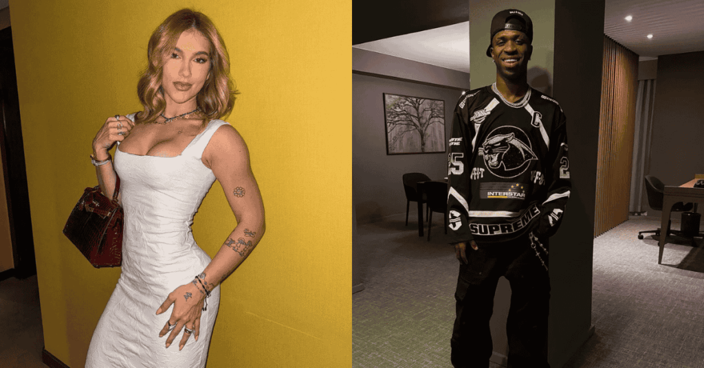 Novo casal? Saiba se Virginia Fonseca e Vini Jr estão juntos Montagem com duas pessoas. À esquerda, Virginia Fonseca, mulher, posa em frente a parede amarela usando vestido branco justo e bolsa vermelha, com tatuagens visíveis nos braços. À direita, Vini Jr., homem, sorri em ambiente interno, vestindo moletom preto com estampa esportiva e boné virado para trás.