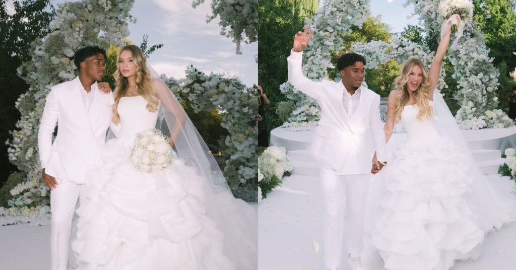 Veja tudo! Endrick e Gabriely abrem álbum de casamento e encantam a web Montagem com duas fotos do casamento de Endrick e Gabriely Miranda. À esquerda, os noivos posam diante de um arco floral branco, ela com vestido volumoso e buquê de flores claras, e ele de terno branco. À direita, aparecem sorridentes e celebrando, enquanto pétalas brancas caem ao redor do altar decorado ao ar livre.