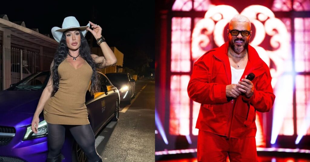 Montagem com duas imagens. À esquerda, Gracyanne Barbosa posa à noite em frente a um carro roxo, vestindo chapéu branco, vestido curto bege e botas pretas. À direita, o cantor Belo sorri em um palco iluminado em tons vermelhos, vestindo conjunto esportivo vermelho e segurando um microfone.
