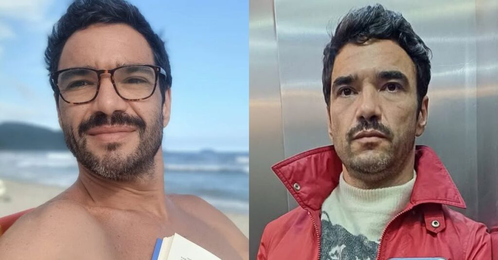 Flagra! Caio Blat surge de mãos dadas com morena misteriosa no Rio Montagem com duas fotos do ator Caio Blat. À esquerda, ele aparece sorrindo levemente na praia, segurando um livro, com óculos e barba curta. À direita, posa sério em um elevador, vestindo casaco vermelho e suéter claro.