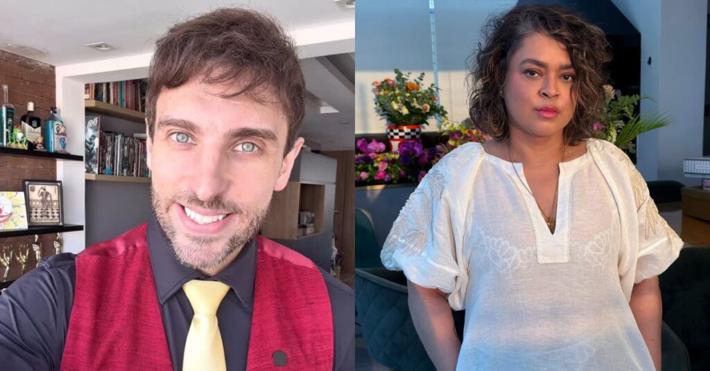 Montagem com duas pessoas. À esquerda, Léo Lins, homem de olhos claros sorri em ambiente interno, vestindo colete vermelho, camisa preta e gravata amarela. À direita, Preta Gil, mulher, posa séria com blusa branca bordada, fundo com flores e luz natural.