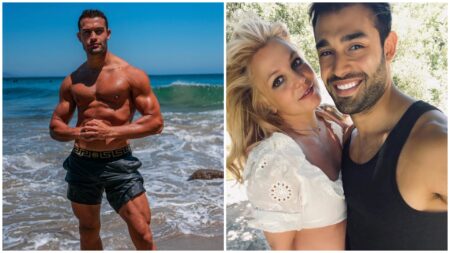 Montagem de duas fotos. Na esquerda, imagem de Sean de corpo inteiro, de shorts na praia e sem camisa. Na direita, foto dele com Britney.