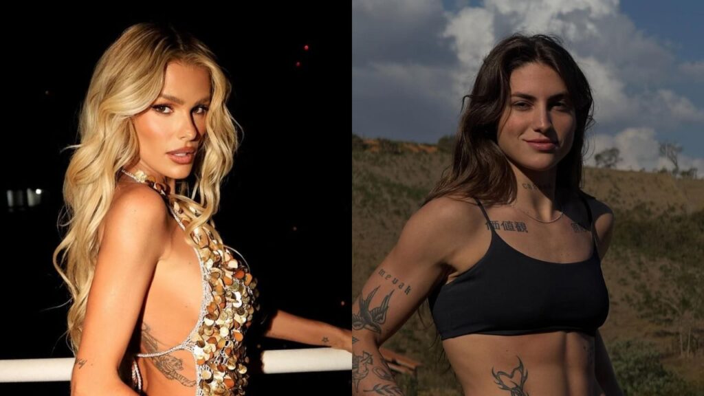 Yasmin Brunet e ex-affair rompem após novo romance da modelo; entenda Montagem com duas mulheres. À esquerda, Yasmin Brunet, uma mulher loira com cabelo ondulado usa um vestido brilhante e olha para a câmera em um ambiente noturno. À direita, uma mulher morena de cabelo solto, Mia Carvalho, veste top esportivo preto, exibe tatuagens e sorri levemente em cenário ao ar livre e ensolarado.