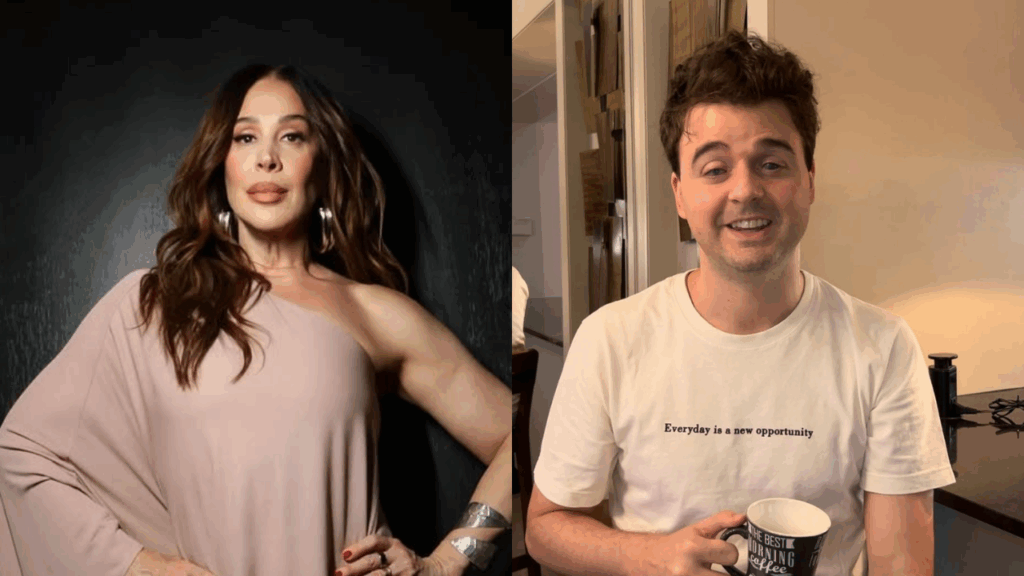Claudia Raia se desculpa após mal-entendido com espectador de baixa visão Duas pessoas lado a lado: à esquerda, uma mulher com cabelo castanho longo, usando vestido bege de um ombro só; à direita, um homem sorridente com camiseta branca segurando uma caneca.