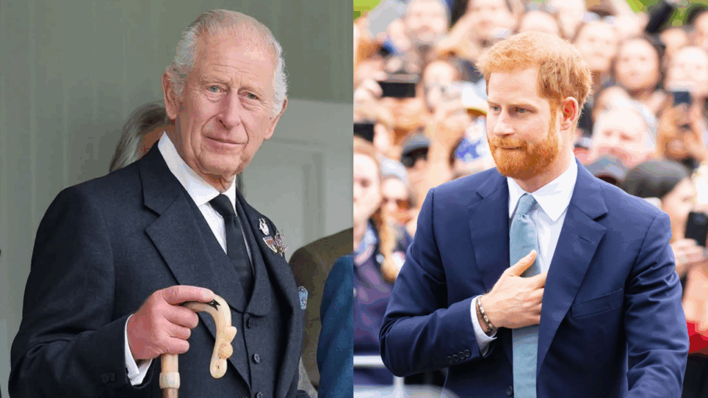 Encontro de Harry com o Rei Charles foi emocionante, afirmam fontes Duas pessoas lado a lado: à esquerda, Rei Charles, um homem mais velho de terno escuro segurando uma bengala; à direita, Príncipe Harry, um homem ruivo de terno azul com a mão no peito diante de uma multidão.