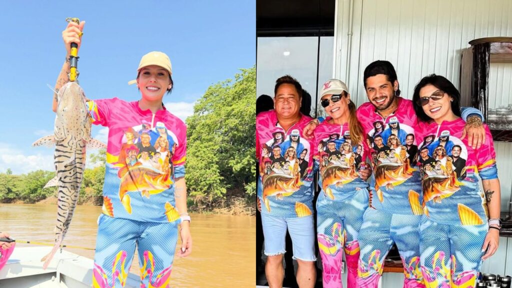 Monatgem de fotos de Ana Castela, Zé Felipe, Leonardo e amigos em pescaria
