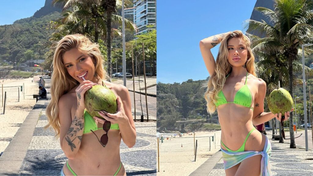 Karoline Lima aposta em biquíni neon e curte praia após fim com Léo Pereira Karoline Lima