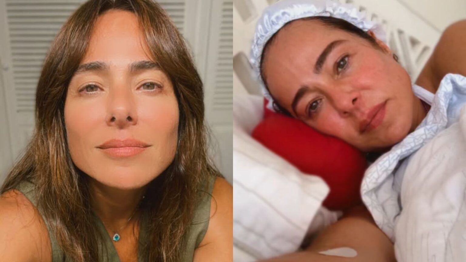 Cássia Linhares é internada e alerta sobre risco de carne crua Atriz Cássia Linhares aparece em duas fotos lado a lado, olhando para a câmera em registros publicados em seu Instagram.
