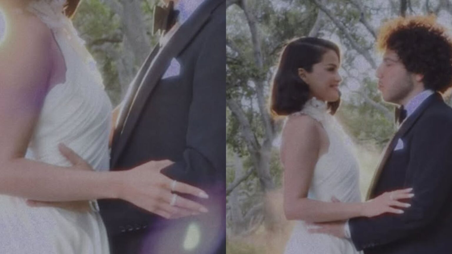 Selena Gomez se casa com Benny Blanco em cerimônia glamourosa nos EUA Montagem mostra Selena Gomez e Benny Blanco no casamento em Montecito, Califórnia, com vestido branco e clima intimista