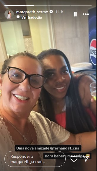 Margareth Serrão posa com mãe de Vini Jr. e aumenta rumores sobre Virginia 1 Story de Margareth Serrão, mãe de Virginia Fonseca, sorrindo ao lado de Fernanda Cristina, mãe de Vinícius Jr., em clima de confraternização