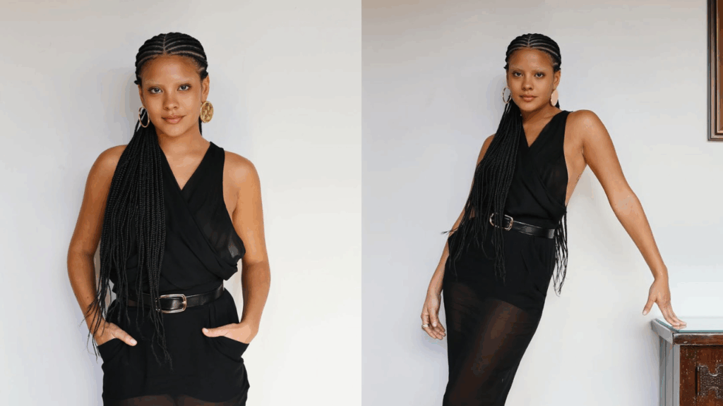 Bella Campos rebate comentários de apartamento ‘simples’ e fala de verdadeiro luxo Fotomontagem de duas fotos da atriz Bella Campos. A atriz está usando uma roupa preta e olha para frente em ambas as fotos.
