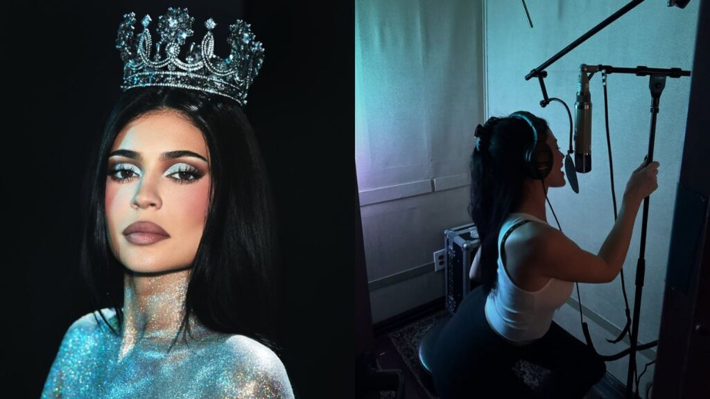 Kylie Jenner revive era King Kylie e estreia na música Montagem com duas cenas: à esquerda, Killye Jenner, mulher de cabelos longos e maquiagem marcada usa coroa brilhante e pele com glitter sobre fundo escuro; à direita, ela grava vocais em estúdio, usando fones diante de microfone.