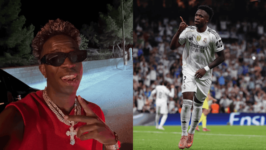 Vini Jr. é processado por perturbação do sossego após festa; entenda Montagem com duas imagens: à esquerda, Vini Jr. posa à noite usando colete vermelho, óculos escuros e correntes prateadas, com fundo iluminado por faróis; à direita, ele comemora em campo vestindo uniforme branco de futebol diante de torcida em estádio.