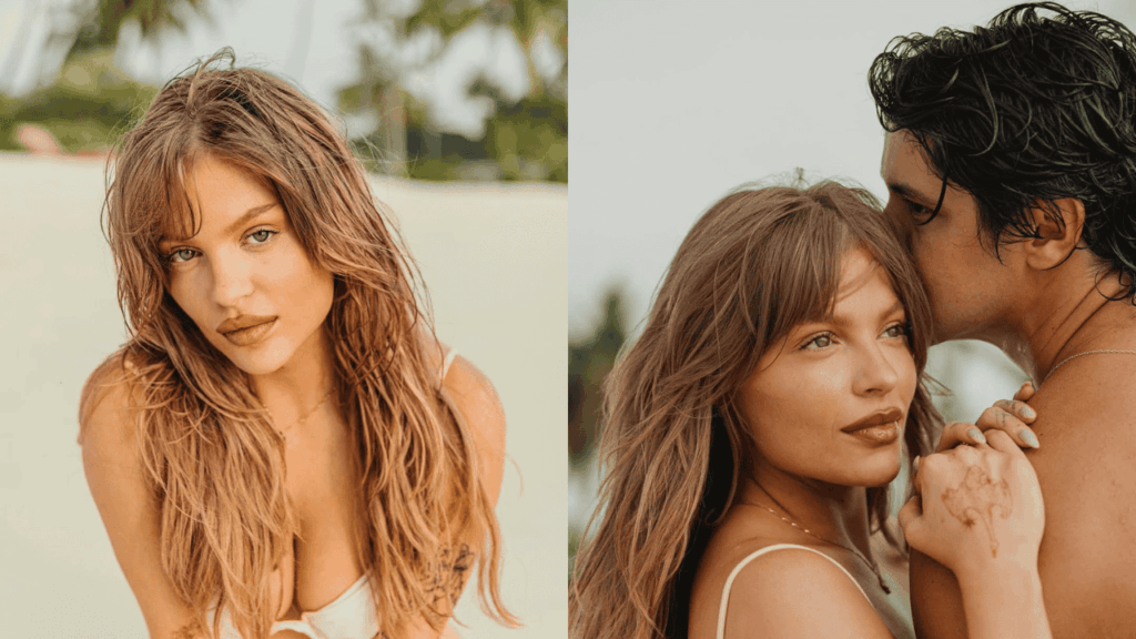 Luísa Sonza exibe fotos raras com o namorado e se declara: ‘amor clichê’ Montagem com duas fotos ao ar livre: à esquerda, Luísa Sonza, mulher de cabelos castanhos ondulados e franja posa com top claro; à direita, ela recebe beijo na testa do parceiro, mãos entrelaçadas, cenário praiano.