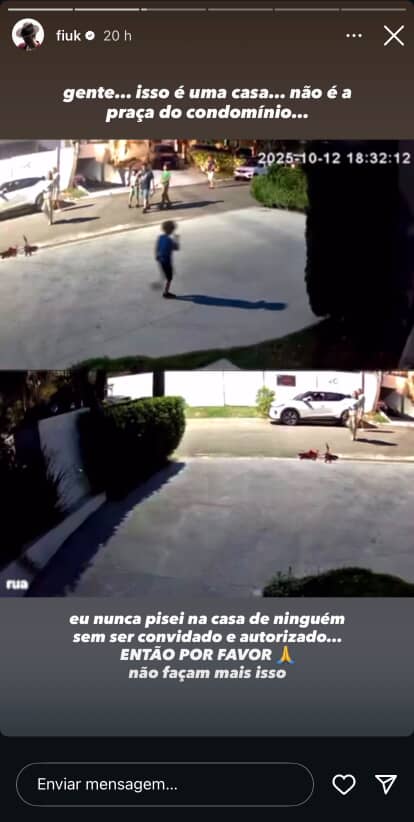 Câmeras de segurança da casa de Fiuk mostram vizinhos na garagem e um cachorro solto enquanto o cantor pede respeito à sua privacidade
