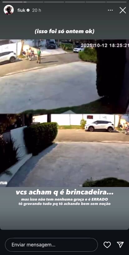 Câmeras de segurança da casa de Fiuk mostram vizinhos na garagem e um cachorro solto enquanto o cantor pede respeito à sua privacidade