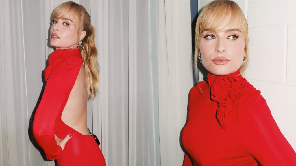 Angélica nega harmonização facial e desabafa sobre julgamentos: ‘um saco’ Angélica, mulher branca e loira, usa vestido vermelho e faz poses