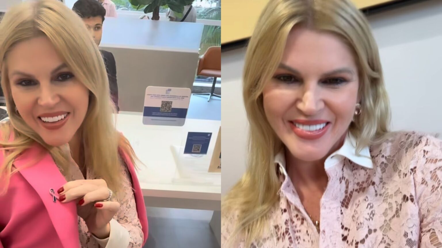 Val Marchiori sorri em registros feitos no hospital; socialite veste camisa rendada clara e blazer rosa com broche do Outubro Rosa enquanto fala sobre o tratamento contra o câncer de mama.