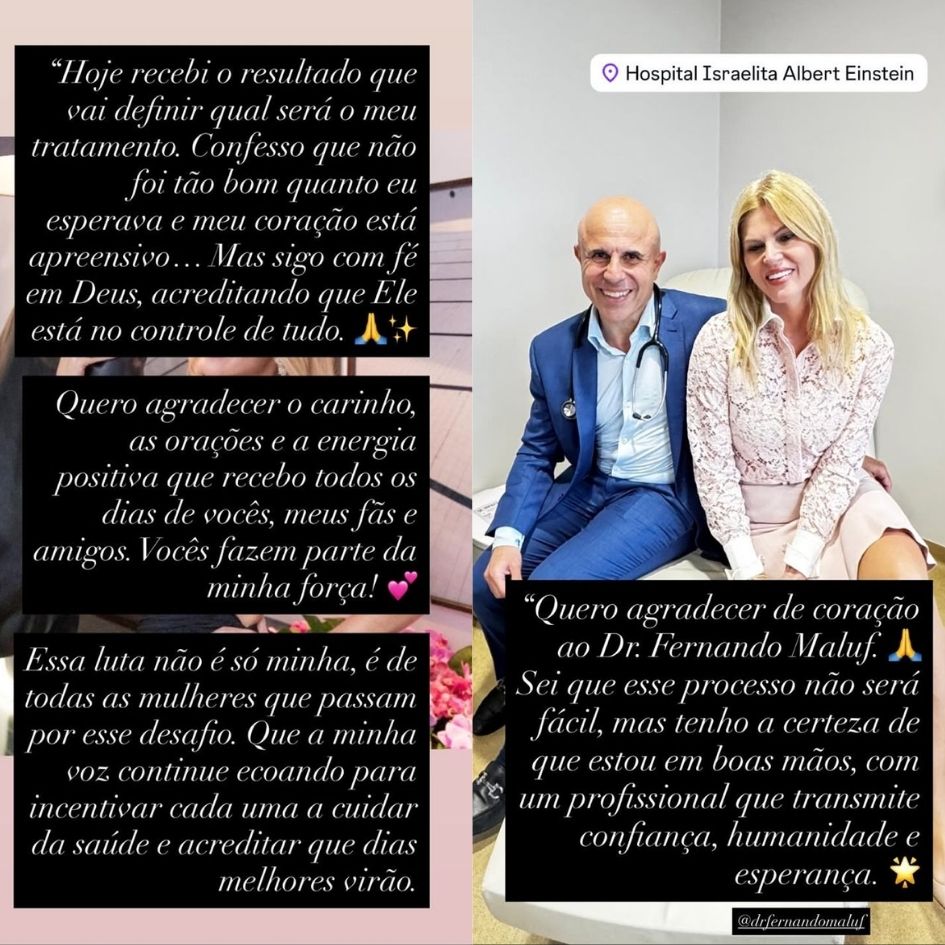 Val Marchiori aparece em montagem de stories no Instagram; à esquerda, mensagens de agradecimento e reflexões sobre o câncer de mama, e à direita, ela posa sorridente ao lado do médico Dr. Fernando Maluf no Hospital Israelita Albert Einstein.