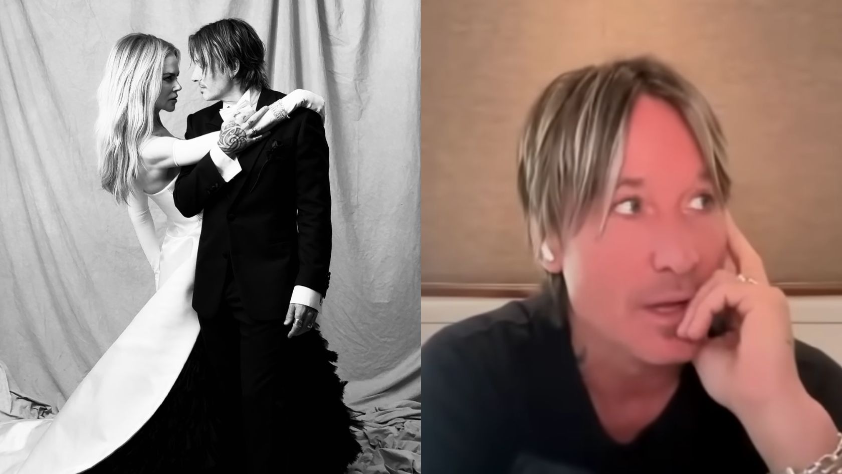 Nicole Kidman e Keith Urban em ensaio fotográfico de gala e o cantor durante entrevista ao programa On Air with Ryan Seacrest