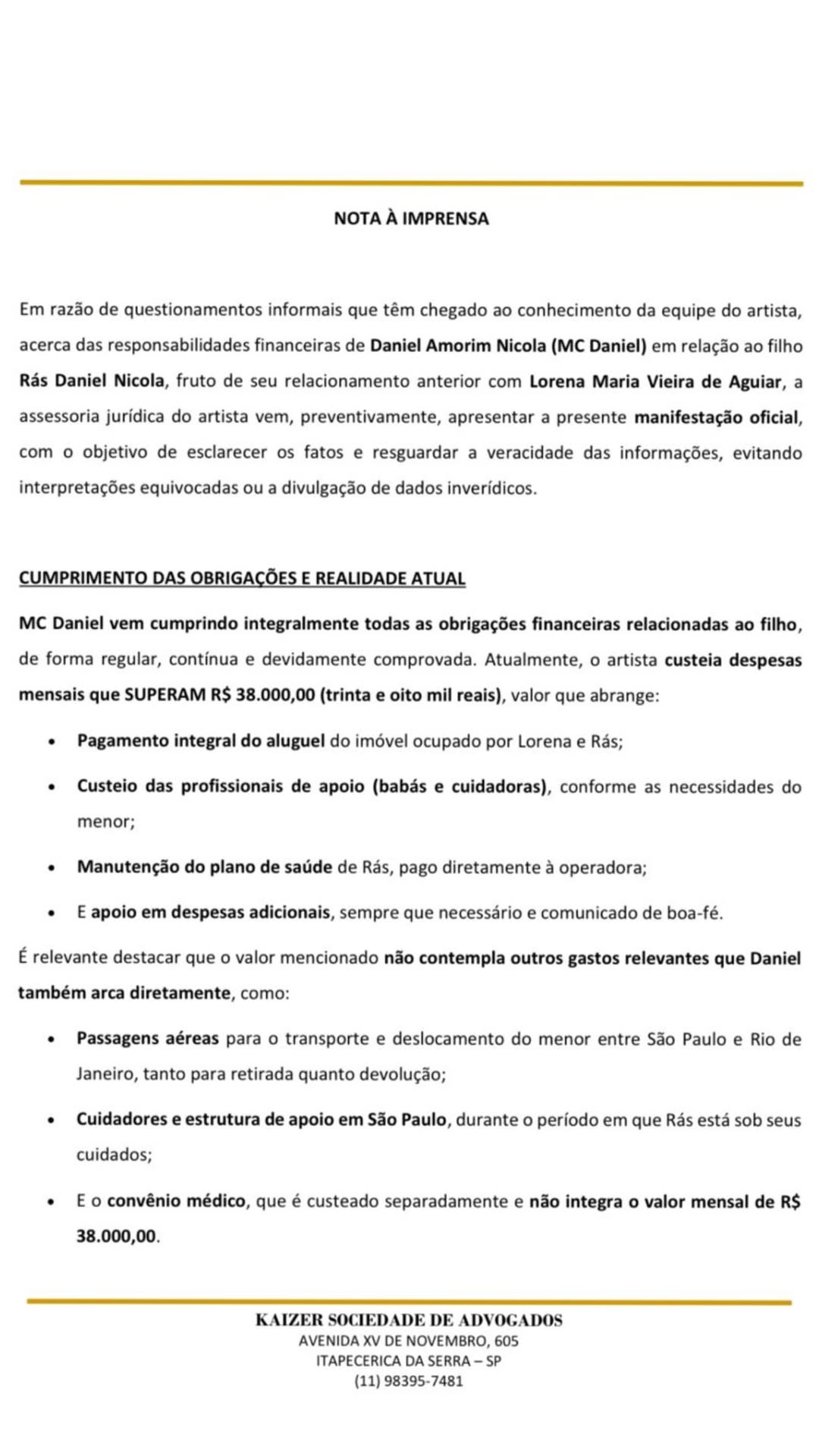 MC Daniel se pronuncia após Lorena Maia acioná-lo na Justiça; veja