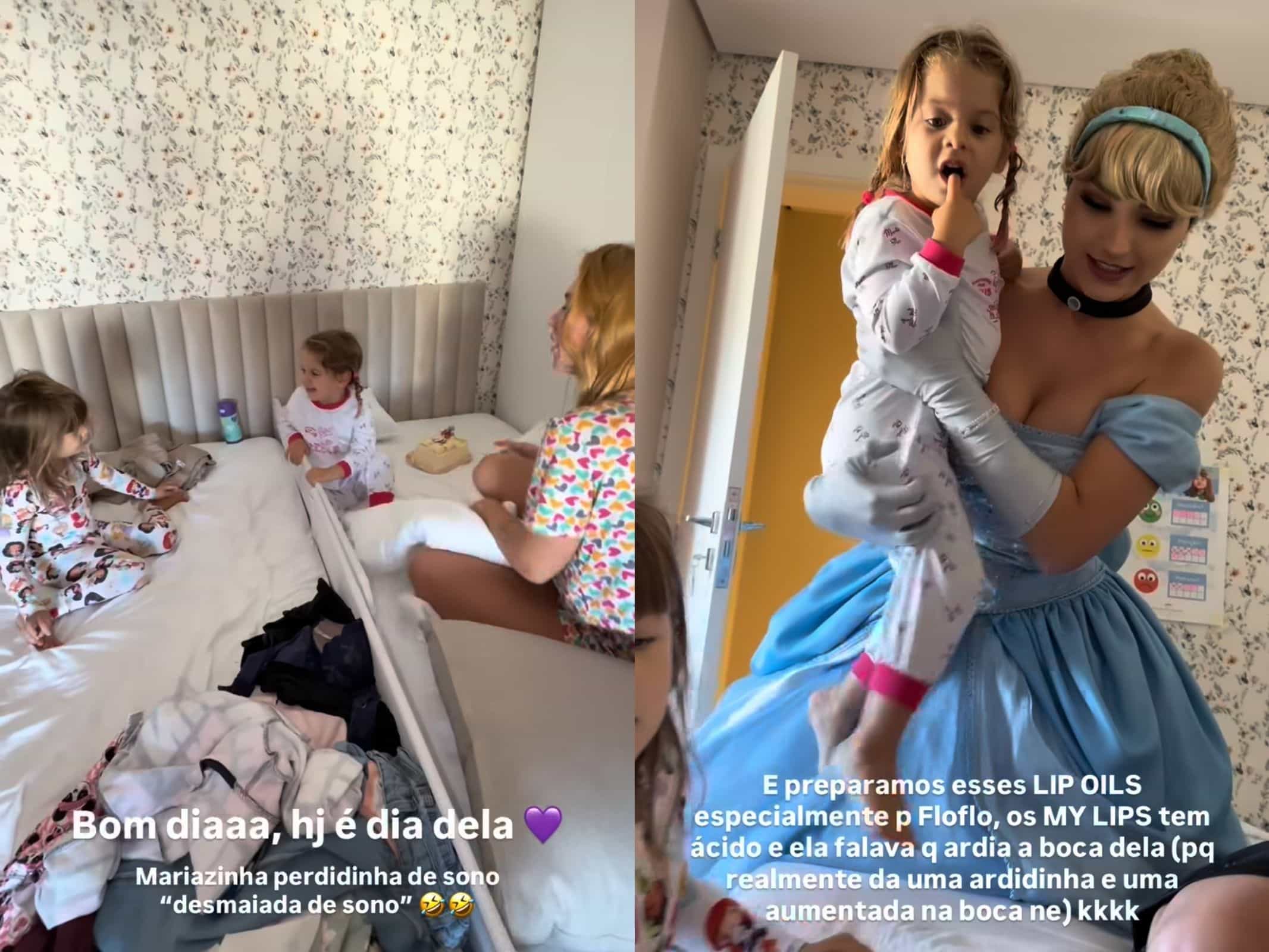 Virginia acorda Maria Flor com bolo e com visita de Cinderela
