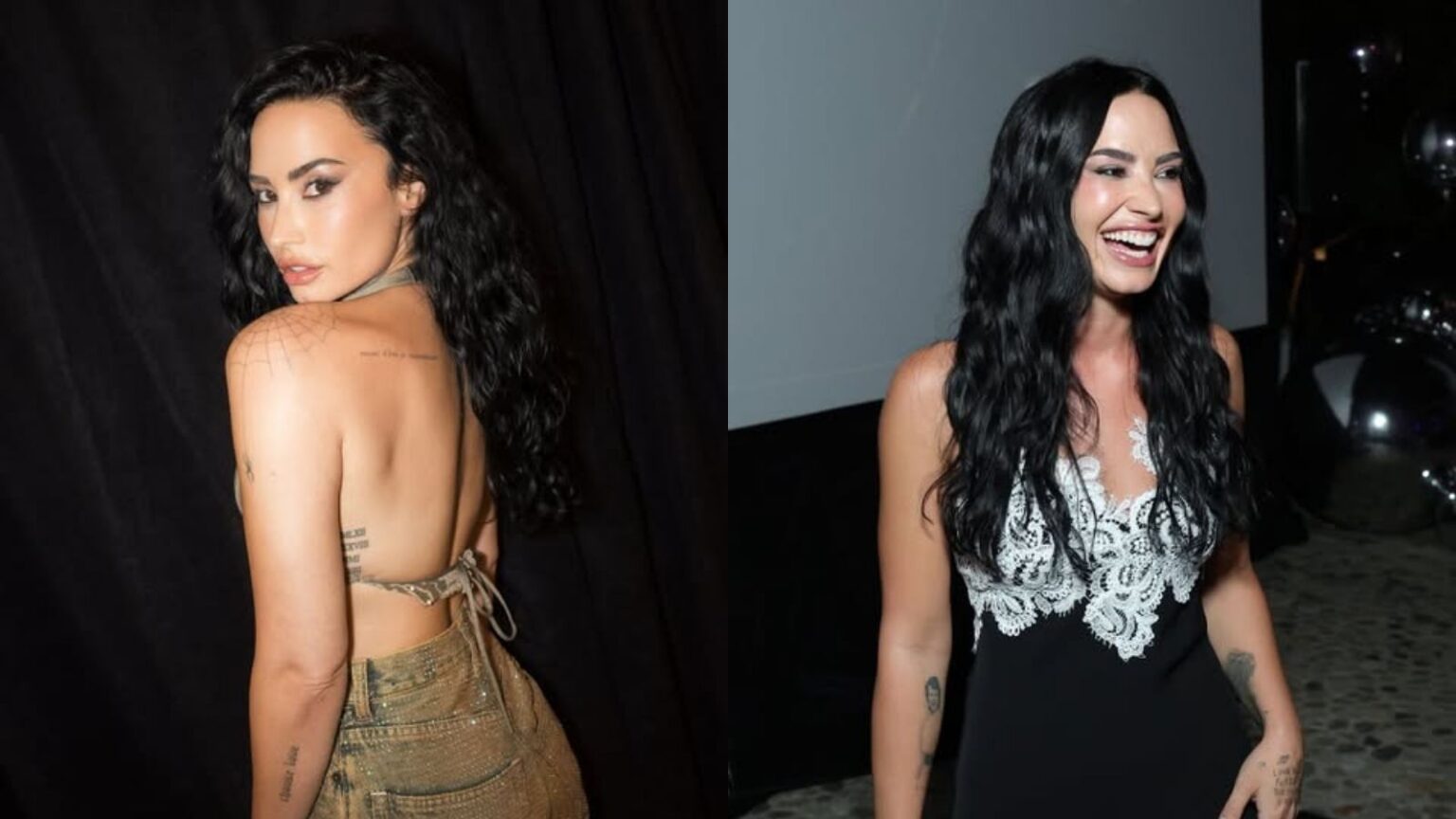 Demi Lovato em dois momentos recentes, exibindo cabelo preto ondulado e looks contrastantes, um dourado com costas nuas e outro preto com renda branca