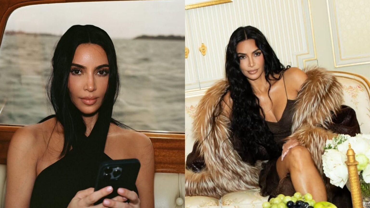 Kim Kardashian posa em dois cliques distintos, um dentro de uma lancha e outro em um sofá elegante, vestindo looks sofisticados e com maquiagem leve.